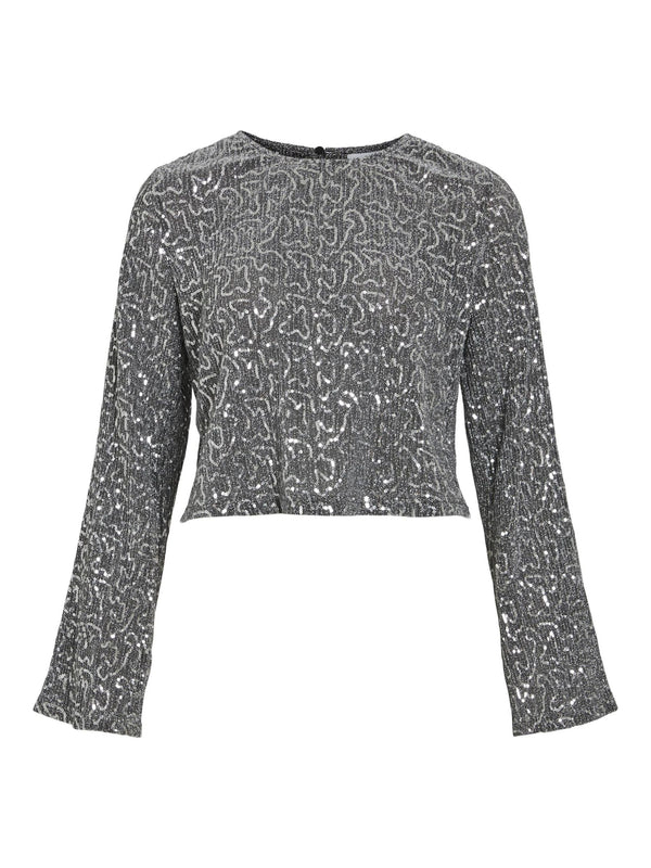 Vila Sanadu O-Neck LS Glitter Cropped Top - Silver