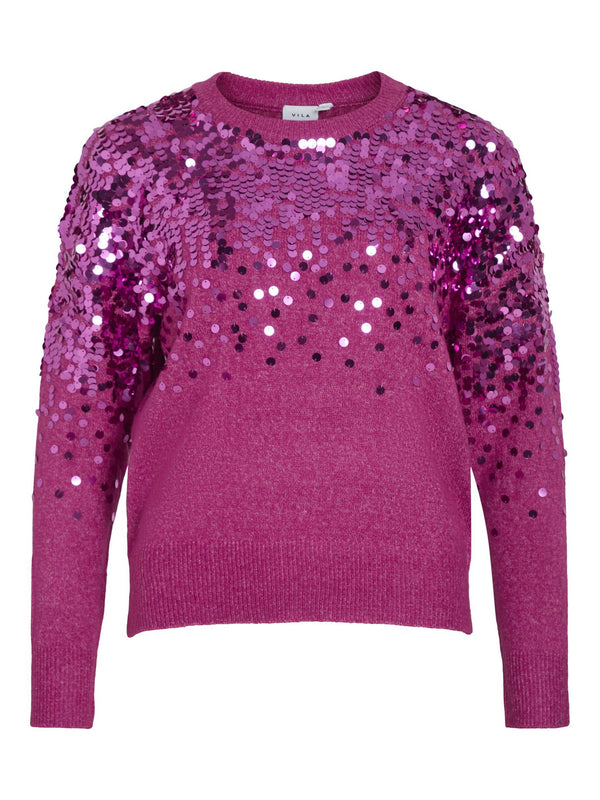 Vila Siquin O-Neck L/S Sequin Knit Top - Fuchsi