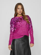 Vila Siquin O-Neck L/S Sequin Knit Top - Fuchsi