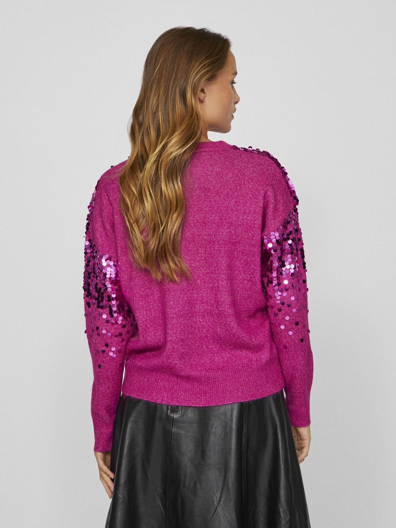 Vila Siquin O-Neck L/S Sequin Knit Top - Fuchsi