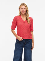 Vila Sava V-Neck 2/4 Knit - Hibiscus