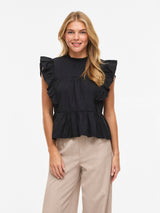 Vila Rufelle O-Neck S/L Frill Top - Black Beauty