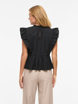 Vila Rufelle O-Neck S/L Frill Top - Black Beauty