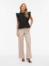 Vila Rufelle O-Neck S/L Frill Top - Black Beauty