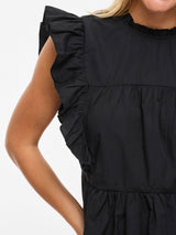 Vila Rufelle O-Neck S/L Frill Top - Black Beauty