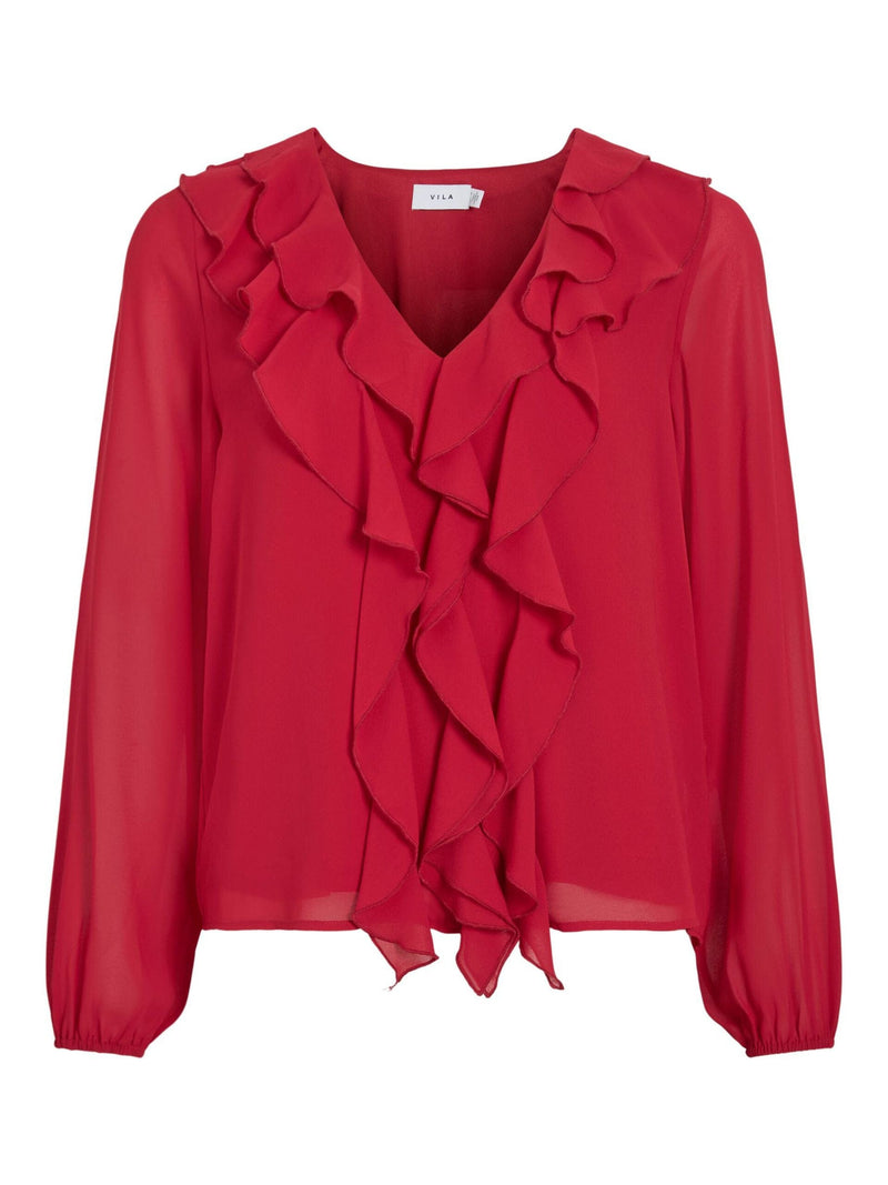 Vila Ane L/S V-Neck Frill Top - Red