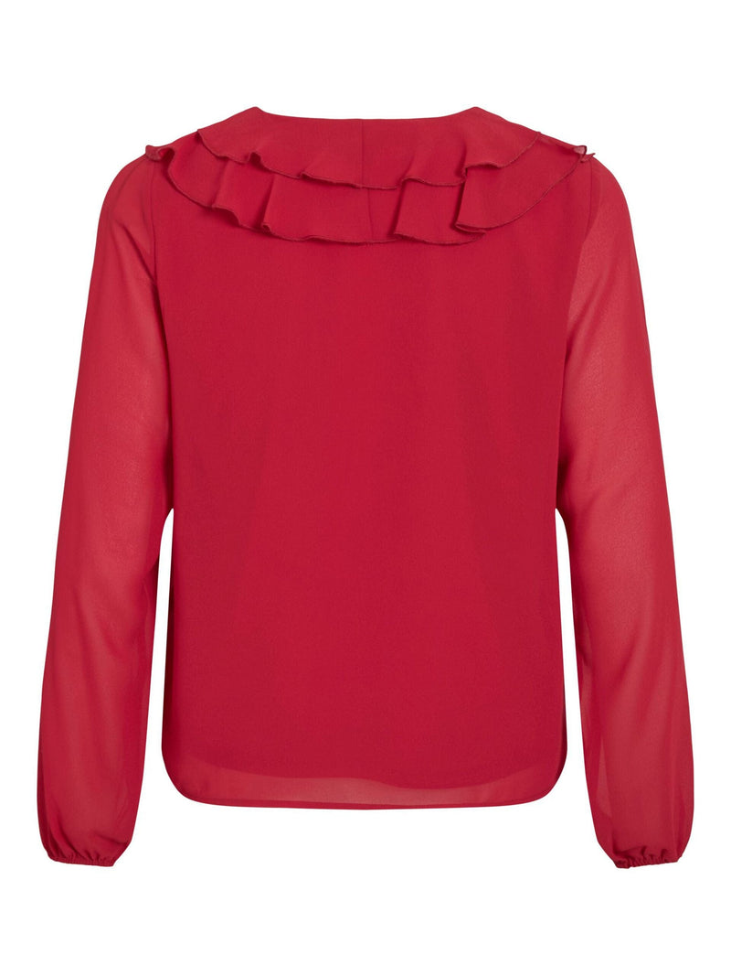 Vila Ane L/S V-Neck Frill Top - Red