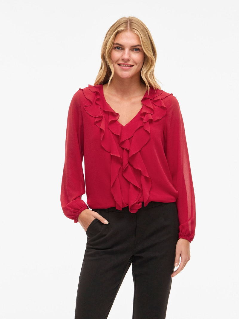 Vila Ane L/S V-Neck Frill Top - Red