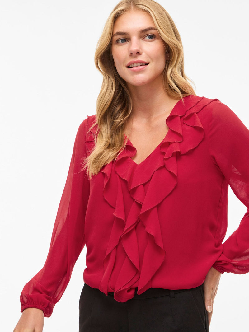 Vila Ane L/S V-Neck Frill Top - Red