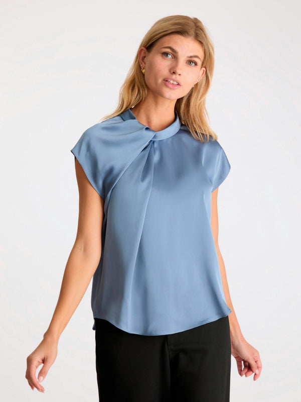 Neo Noir Fleur Drapy Satin Blouse - Dusty Blue