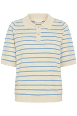 Pulz Sara Striped Polo T-shirt - Cream With Blue