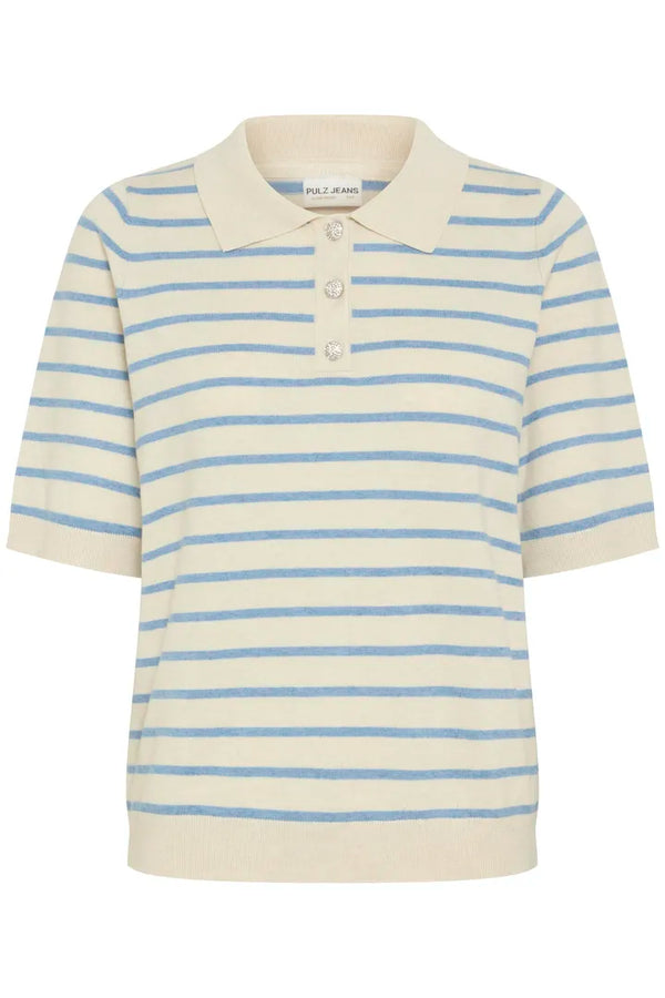 Pulz Sara Striped Polo T-shirt - Cream With Blue