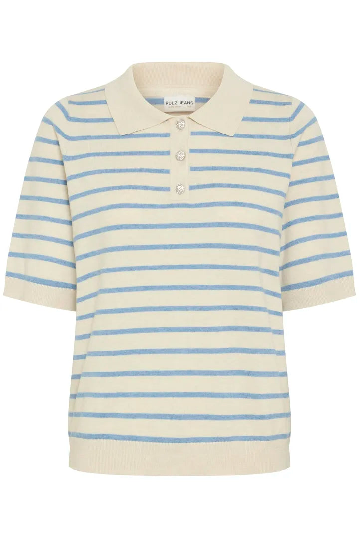 Pulz Sara Striped Polo T-shirt - Cream With Blue