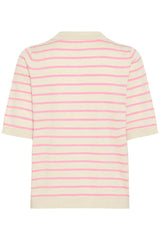 Pulz Sara Striped Polo T-shirt - Cream With Pink