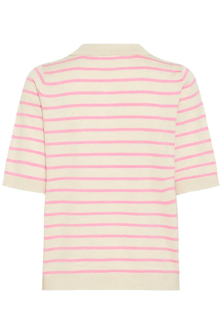 Pulz Sara Striped Polo T-shirt - Cream With Pink