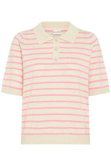 Pulz Sara Striped Polo T-shirt - Cream With Pink