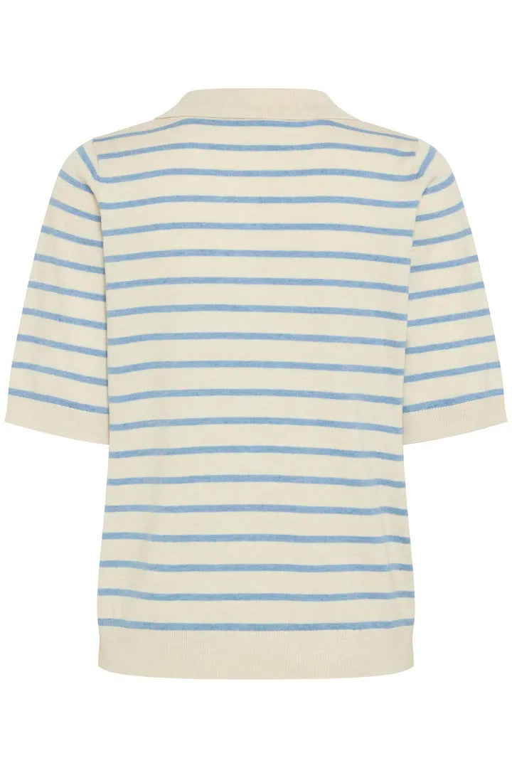 Pulz Sara Striped Polo T-shirt - Cream With Blue