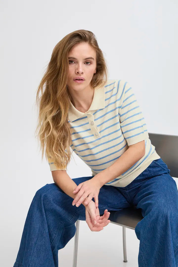 Pulz Sara Striped Polo T-shirt - Cream With Blue