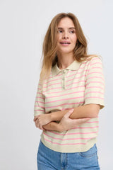 Pulz Sara Striped Polo T-shirt - Cream With Pink