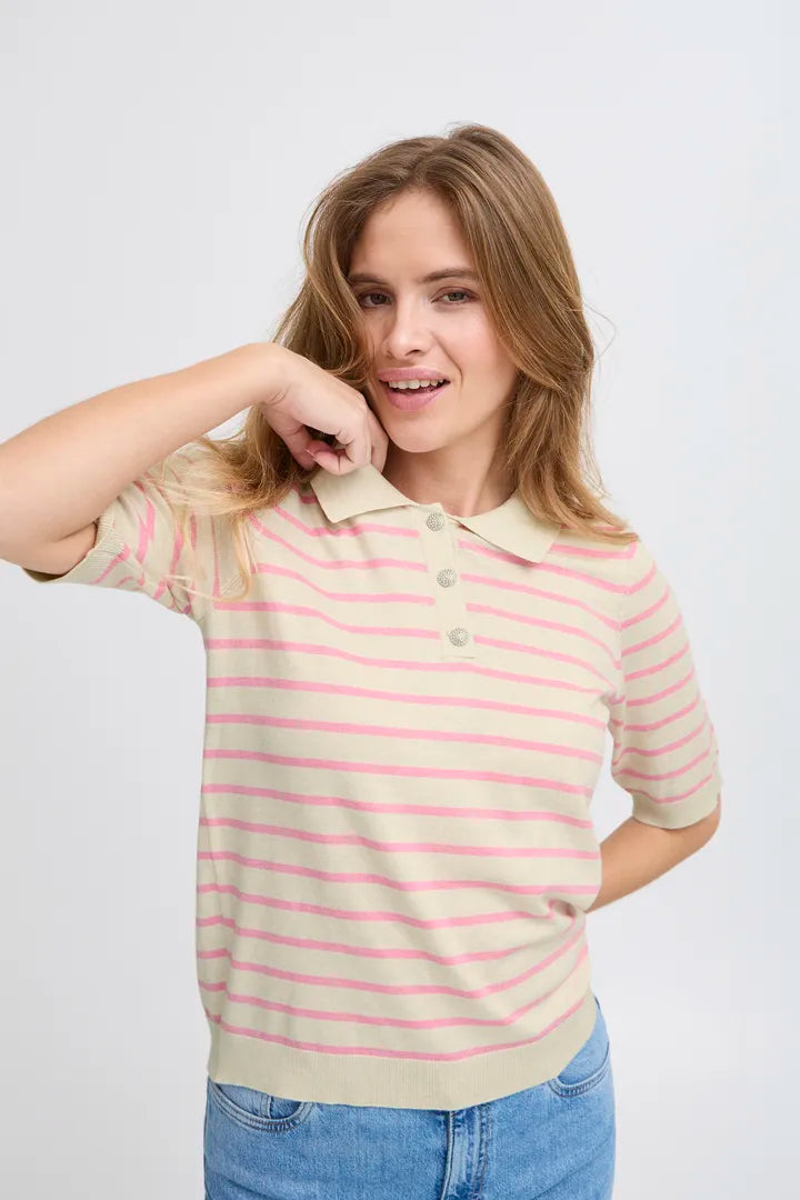 Pulz Sara Striped Polo T-shirt - Cream With Pink