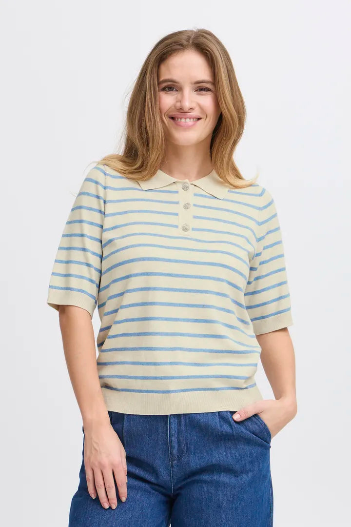 Pulz Sara Striped Polo T-shirt - Cream With Blue