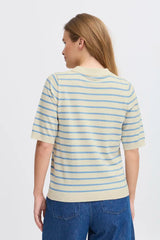 Pulz Sara Striped Polo T-shirt - Cream With Blue