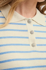 Pulz Sara Striped Polo T-shirt - Cream With Blue