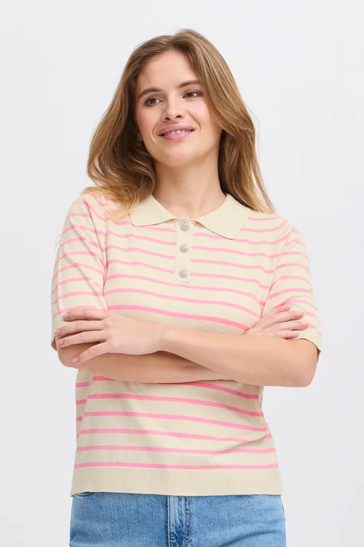 Pulz Sara Striped Polo T-shirt - Cream With Pink