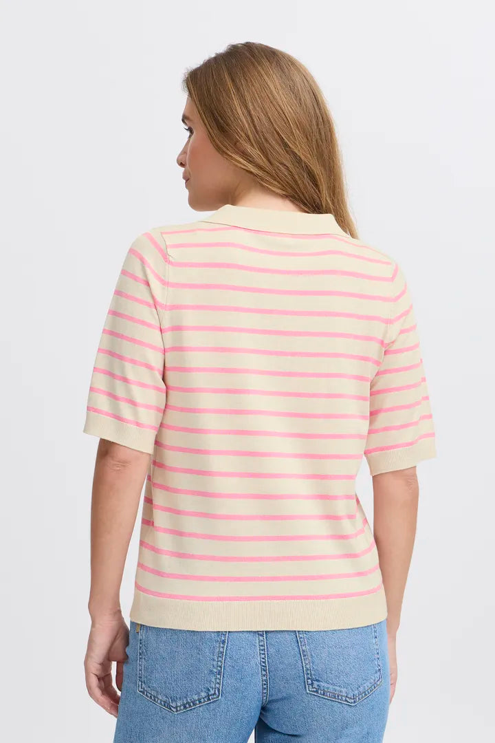 Pulz Sara Striped Polo T-shirt - Cream With Pink