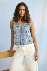 Culture Tiala Aniceta Embroidery Waistcoat - Light Blue Wash
