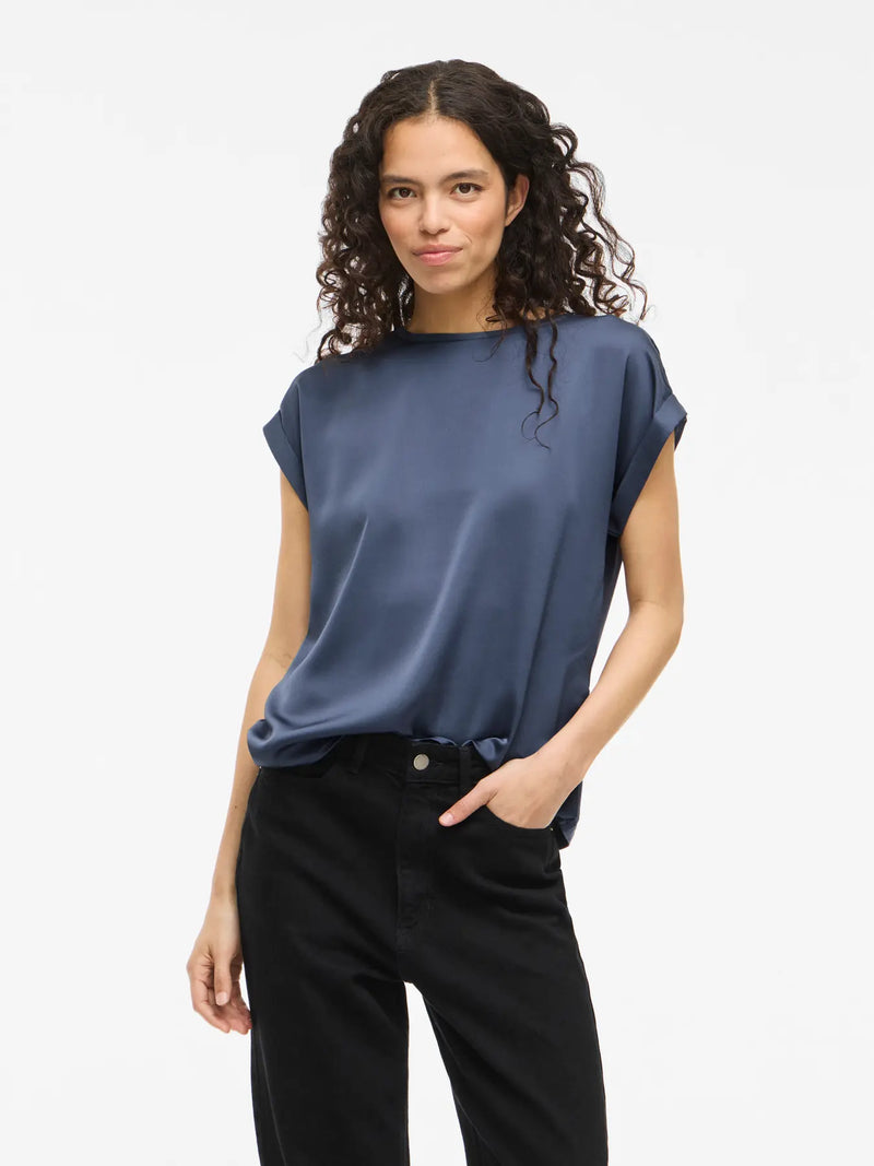 Vila Ellette satin top - Vintage Indigo