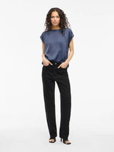 Vila Ellette satin top - Vintage Indigo