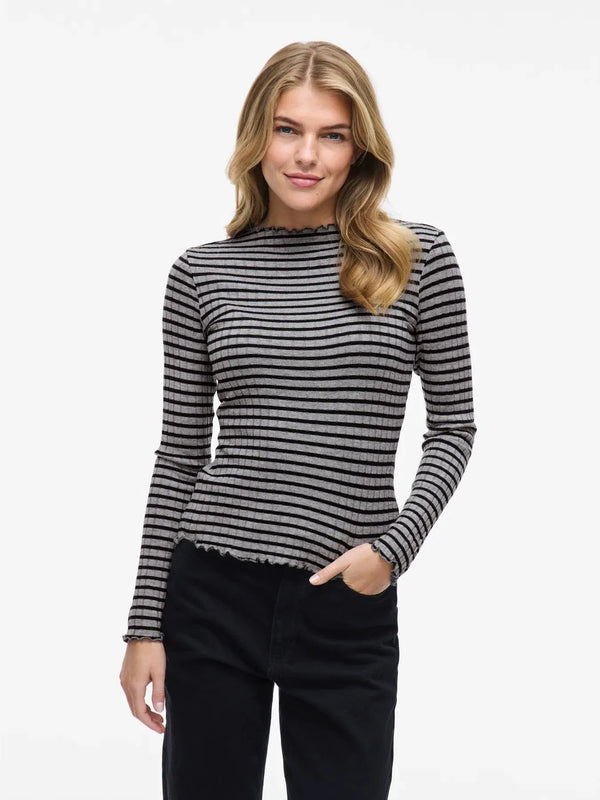 Vila Virika L/S Funnel Neck Top - Grey Mel/Black