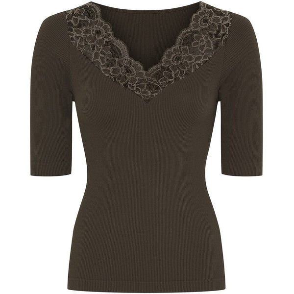 Tim & Simonsen Belen rib V-lace top SS - Caffe
