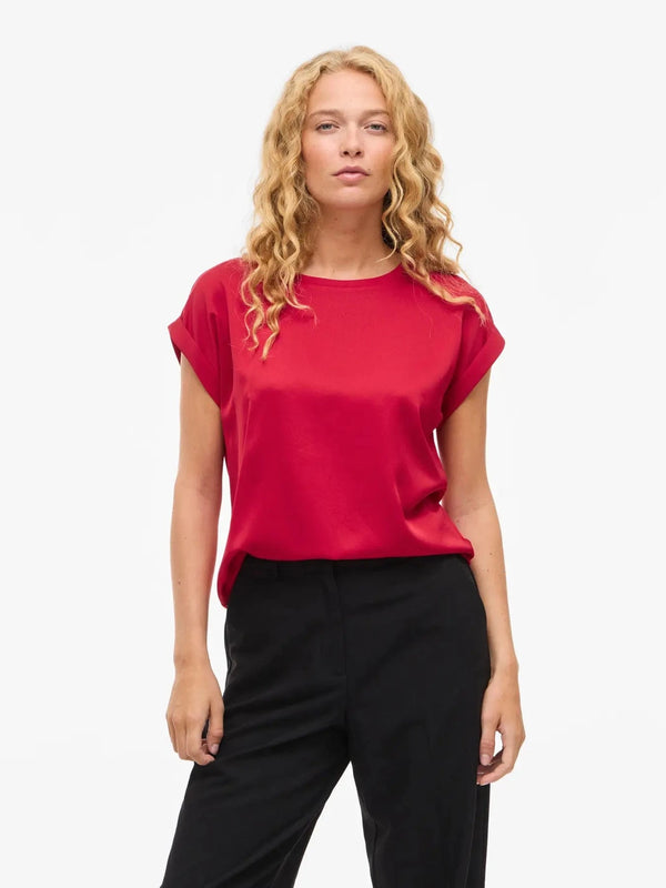 Vila Ellette satin top - Jester Red