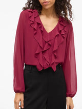 Vila Ane L/S V-Neck Frill Top - Anemone