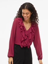 Vila Ane L/S V-Neck Frill Top - Anemone