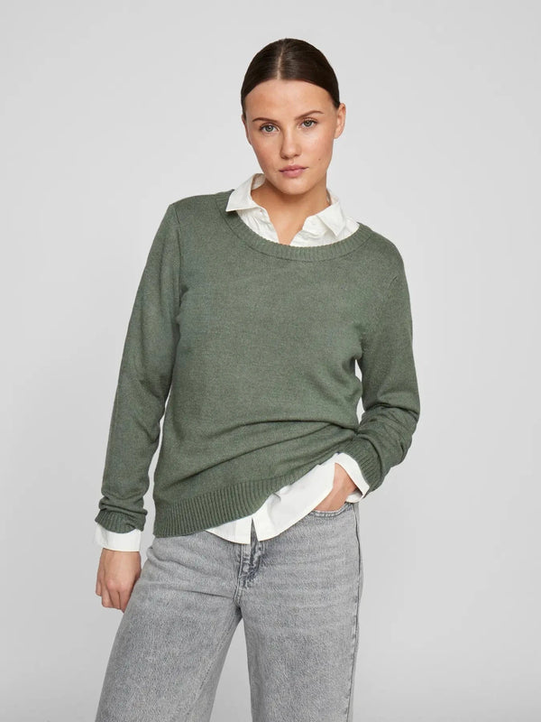 Vila Viril O-neck L/S Detail Knit Top - Laurel Wreath DARK MELANGE
