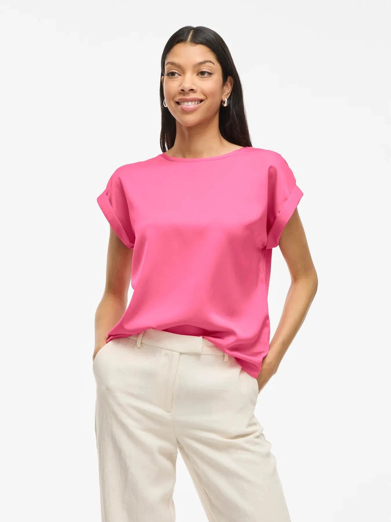 Vila Ellette satin top - Sangria Sunset
