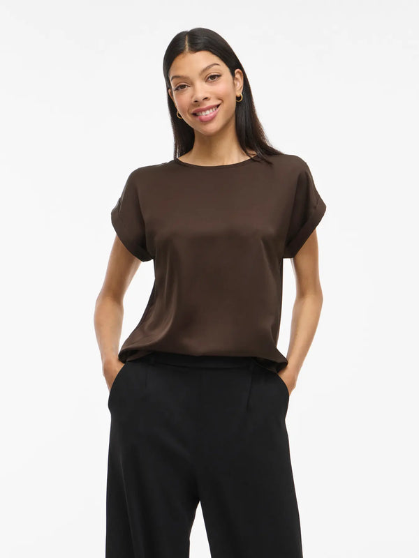 Vila Ellette satin top - Coffee Bean