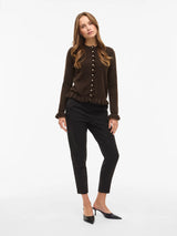 Vila Jacia o-Neck L/S Frill Knit Cardigan - Coffee Bean