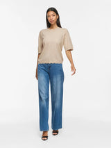 Vila Emi o-Neck 2/4 Sleeve Knit Top - Super Light Natural Melan