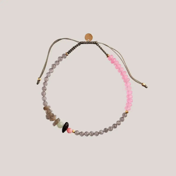 Stine a Harmony Bracelet with Calm Grey and Pink Gemstones and Khakigrey Ribbon