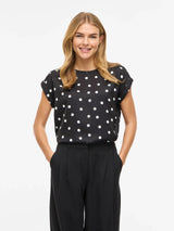 Vila Ellette satin top - Black Snow White Dots
