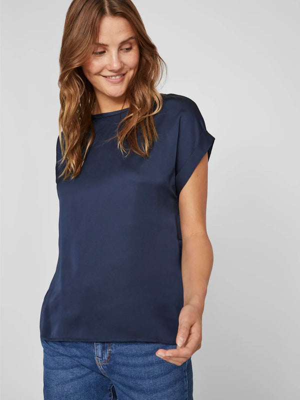 PRE ORDER Vila Ellette satin top - Navy