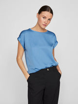 Vila Ellette S/S satin top - Blissful Blue