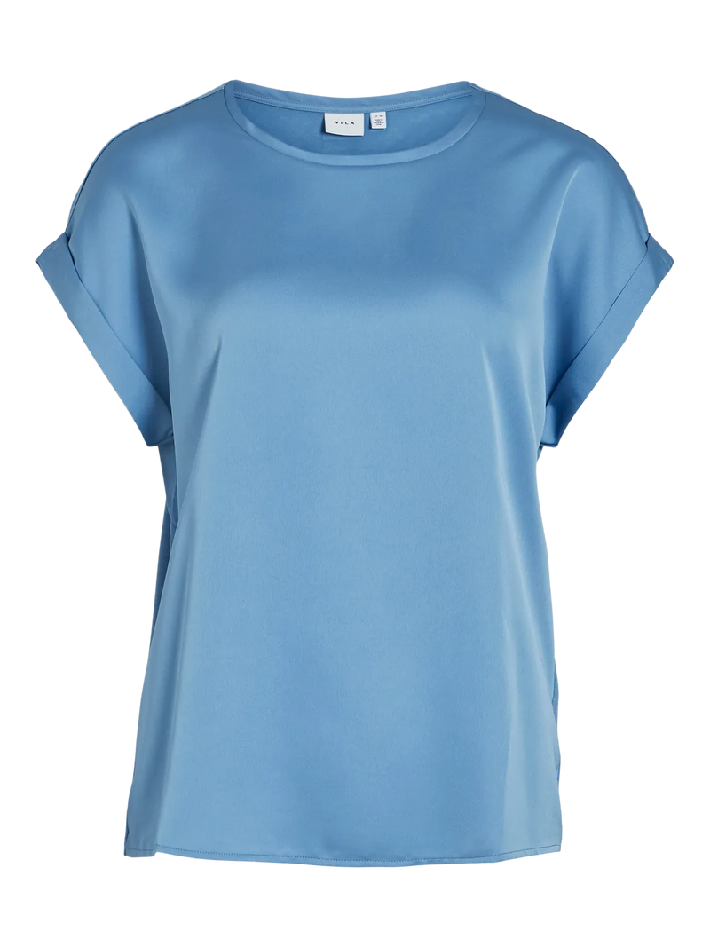 Vila Ellette S/S satin top - Blissful Blue