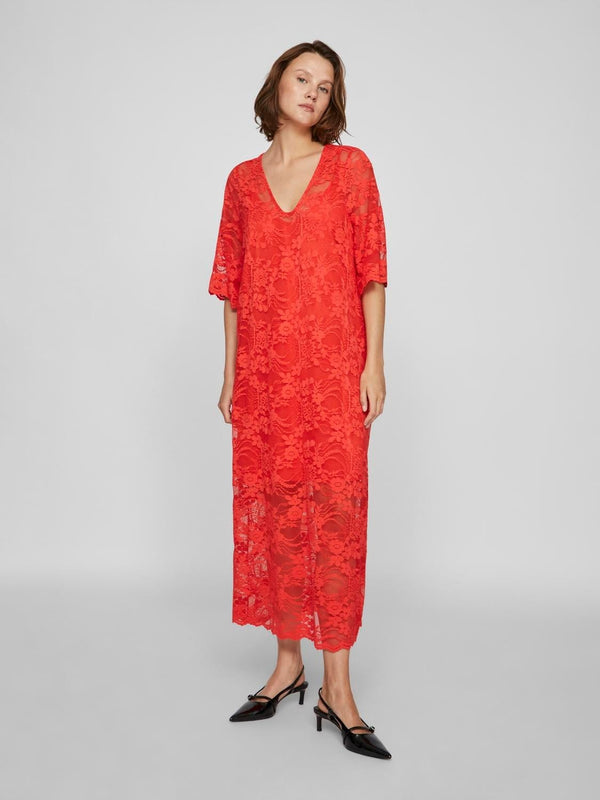 Vila Vilorna 2/4 Lace Midi Dress - Poppy Red