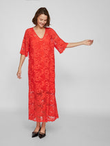 Vila Vilorna 2/4 Lace Midi Dress - Poppy Red