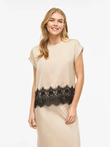 Vila Ellette S/S Full Satin Lace Top - Cement